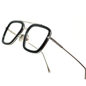 Square Frame Glasses Clear Lens Silver Metal Black Rim Fashion Eyewear Casual